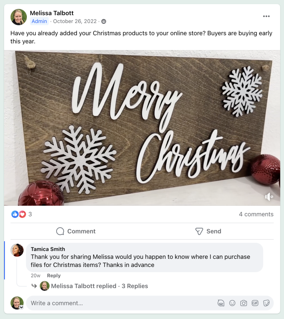 facebook group post screenshot of merry christmas sign with snowflakes