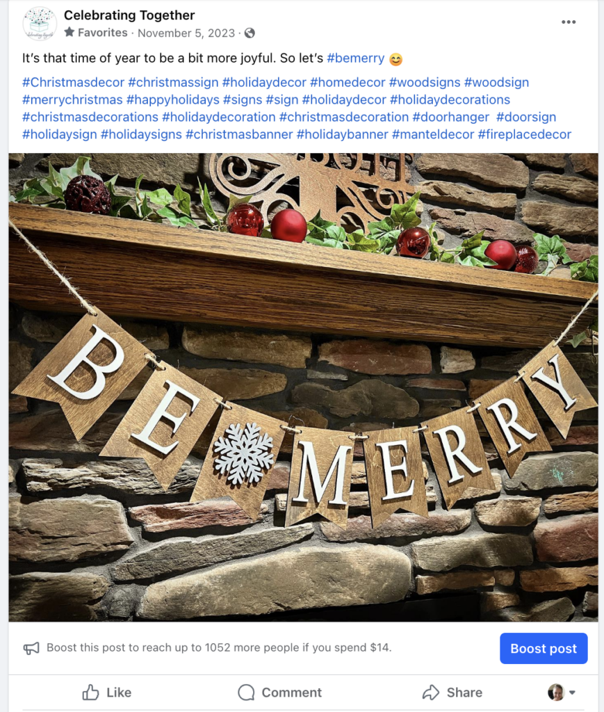 facebook page post screenshot of be merry banner