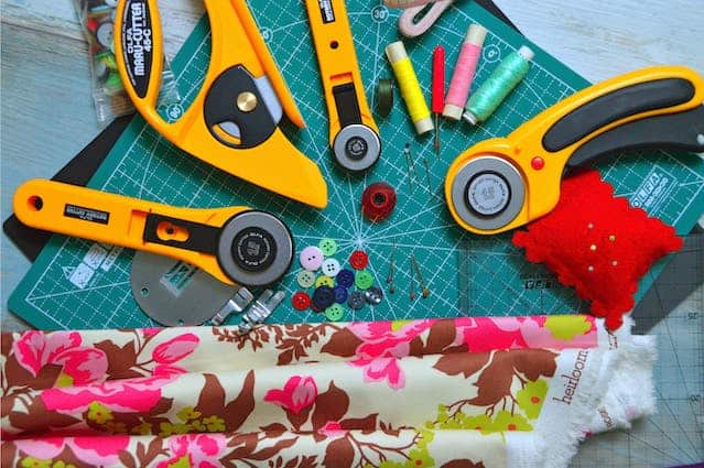 fabric cutting tools and pink floral fabric