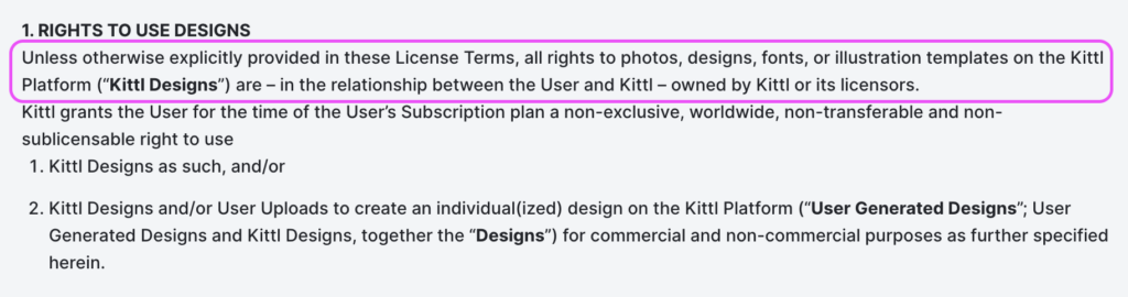 rights to use designs on kittl